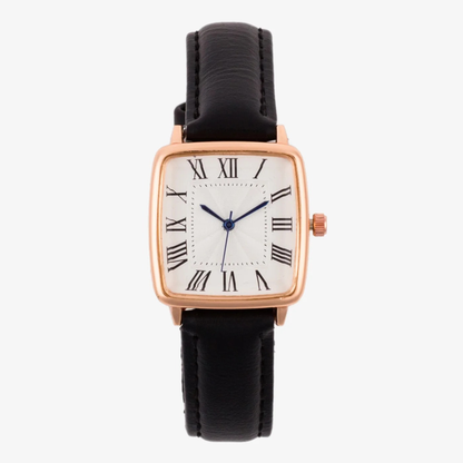 Black Roman Numeral Women's Square Dial Watch with Leather Strap