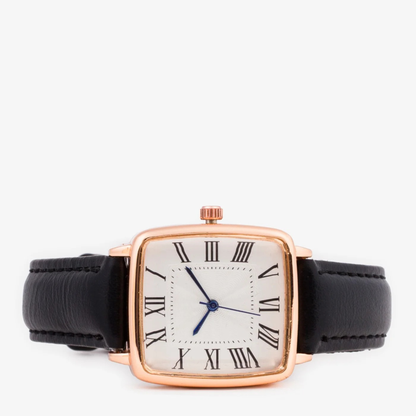 Black Roman Numeral Women's Square Dial Watch with Leather Strap