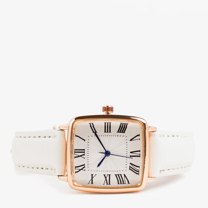White Roman Numeral Women's Square Dial Watch with Leather Strap