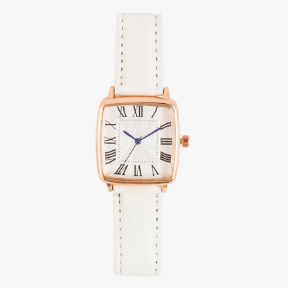 White Roman Numeral Women's Square Dial Watch with Leather Strap