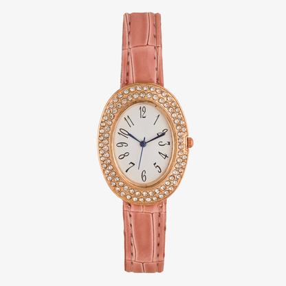 Pink Oval Crystal Women's Wristwatch with Synthetic Strap