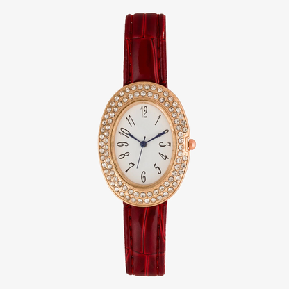 Red Oval Crystal Women's Quartz Watch with Synthetic Strap