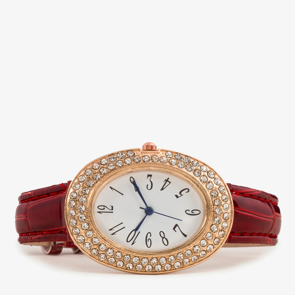 Red Oval Crystal Women's Quartz Watch with Synthetic Strap