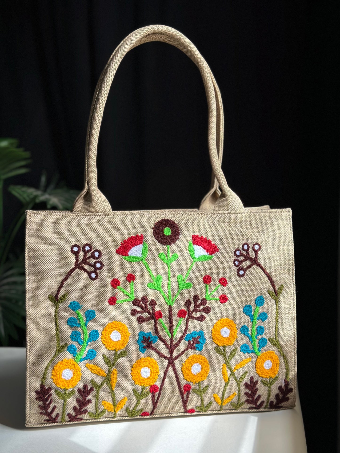 Handmade Embroidered Jute Tote Blushwood - Beige