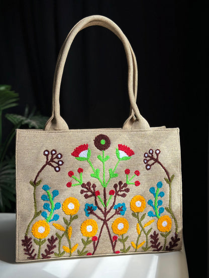 Handmade Embroidered Jute Tote Blushwood - Beige