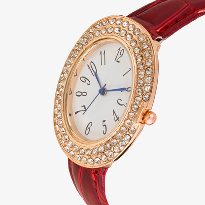 Red Oval Crystal Women's Quartz Watch with Synthetic Strap