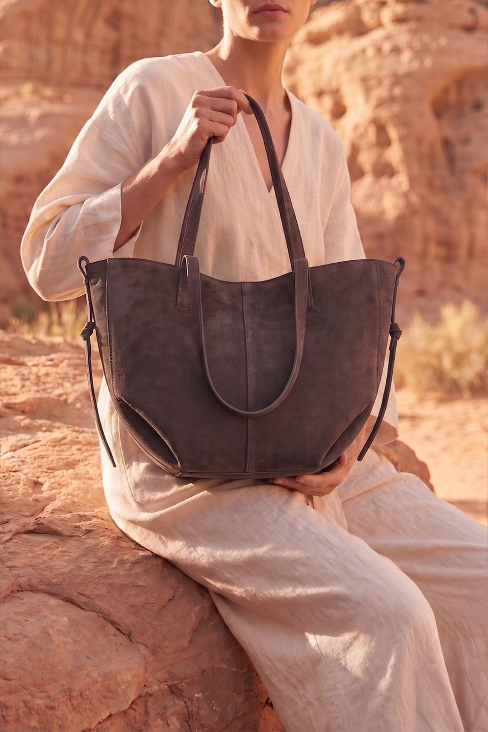 Luxora Suede Tote Bag - Coffee Brown