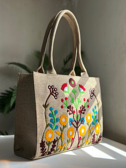 Handmade Embroidered Jute Tote Blushwood - Beige