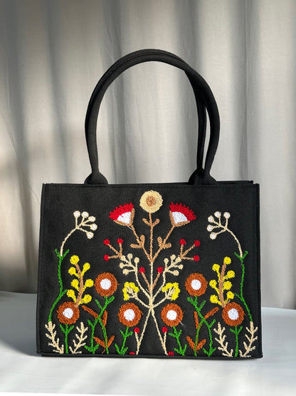 Handmade Embroidered Jute Tote Blushwood - Black