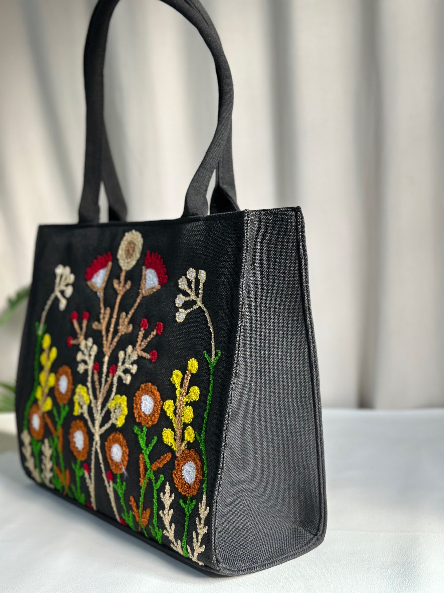 Handmade Embroidered Jute Tote Blushwood - Black
