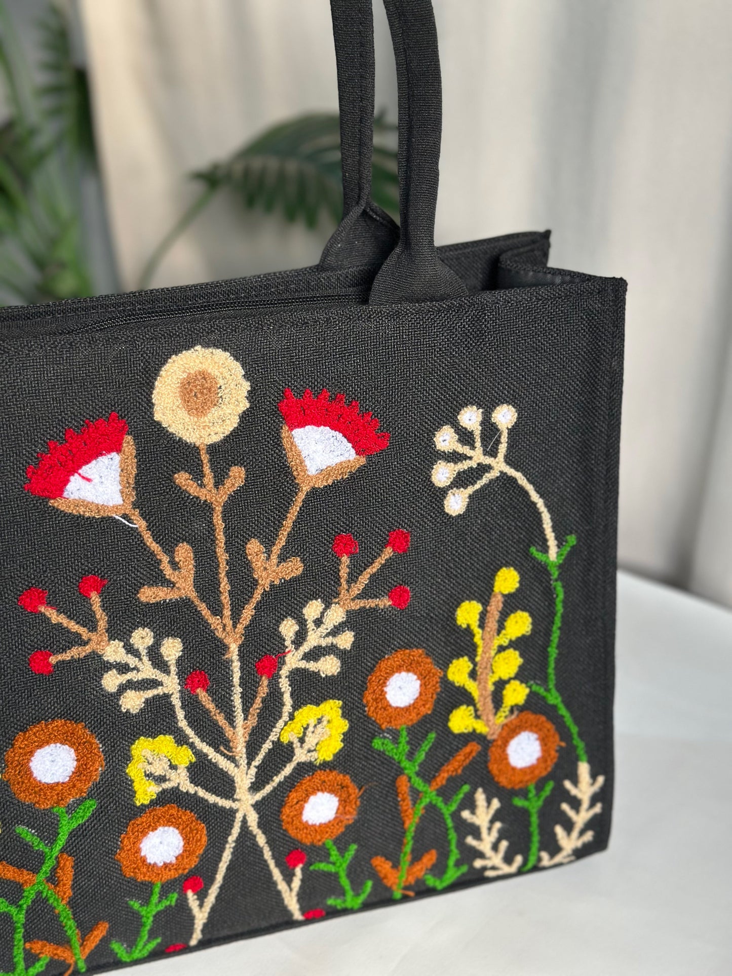 Handmade Embroidered Jute Tote Blushwood - Black