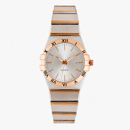 Men's Linked Quartz Analog Watch Gold Dial Metal Bracelet with Date
