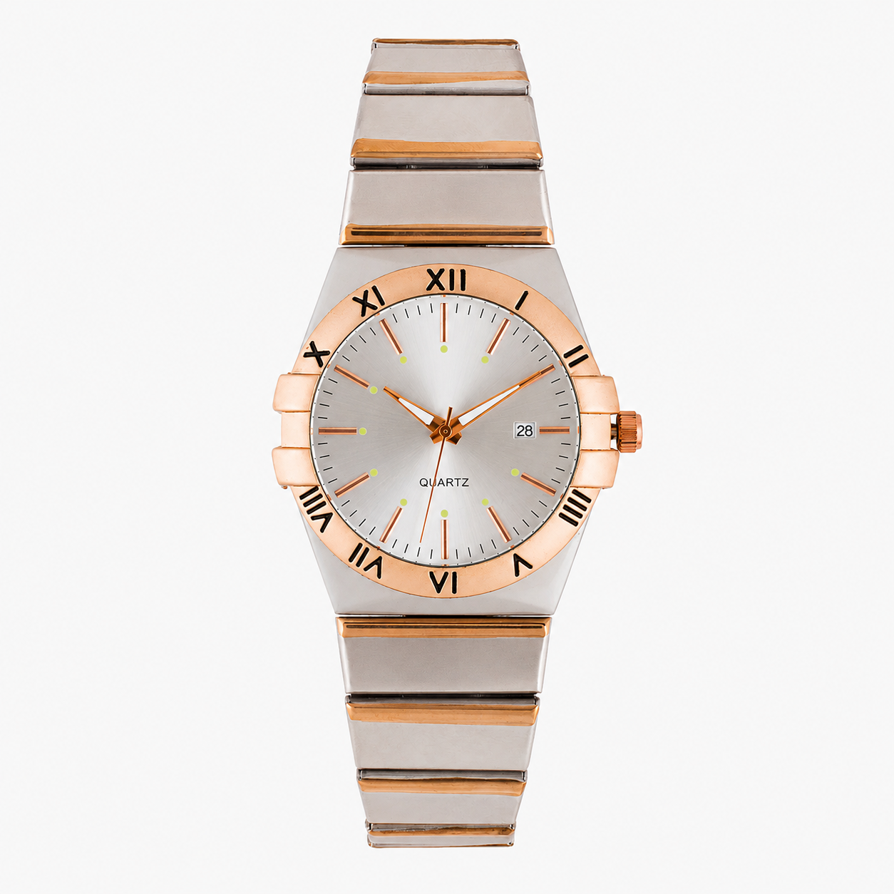 Men's Linked Quartz Analog Watch Gold Dial Metal Bracelet with Date