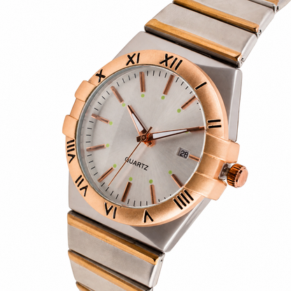 Men's Linked Quartz Analog Watch Gold Dial Metal Bracelet with Date
