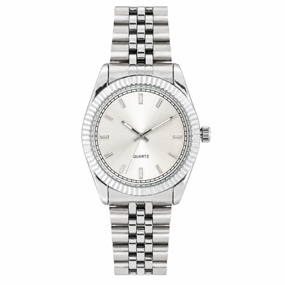 Men's Sporty Mesh Quartz Analog Watch White Dial with Ribbed Bezel