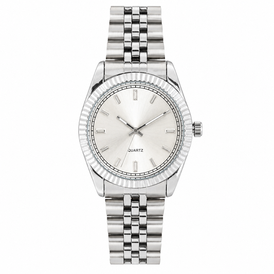 Men's Sporty Mesh Quartz Analog Watch White Dial with Ribbed Bezel