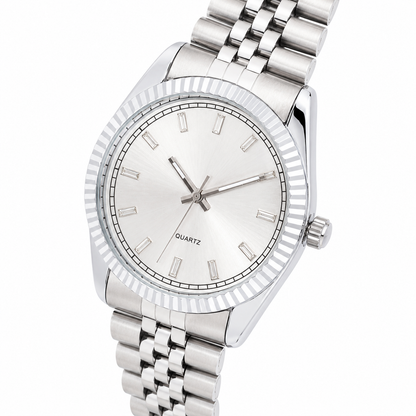 Men's Sporty Mesh Quartz Analog Watch White Dial with Ribbed Bezel