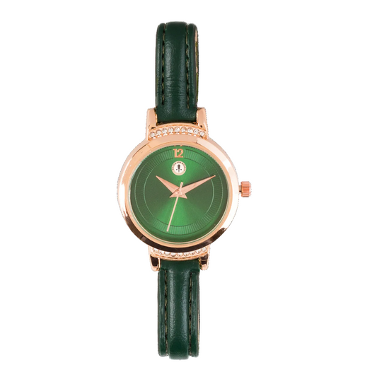 Women’s Green Leather Strap Rose Gold Case Quartz Watch