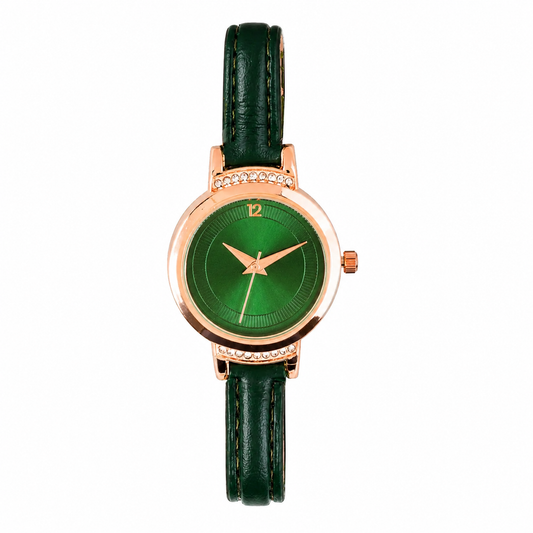 Women’s Green Leather Strap Rose Gold Case Quartz Watch