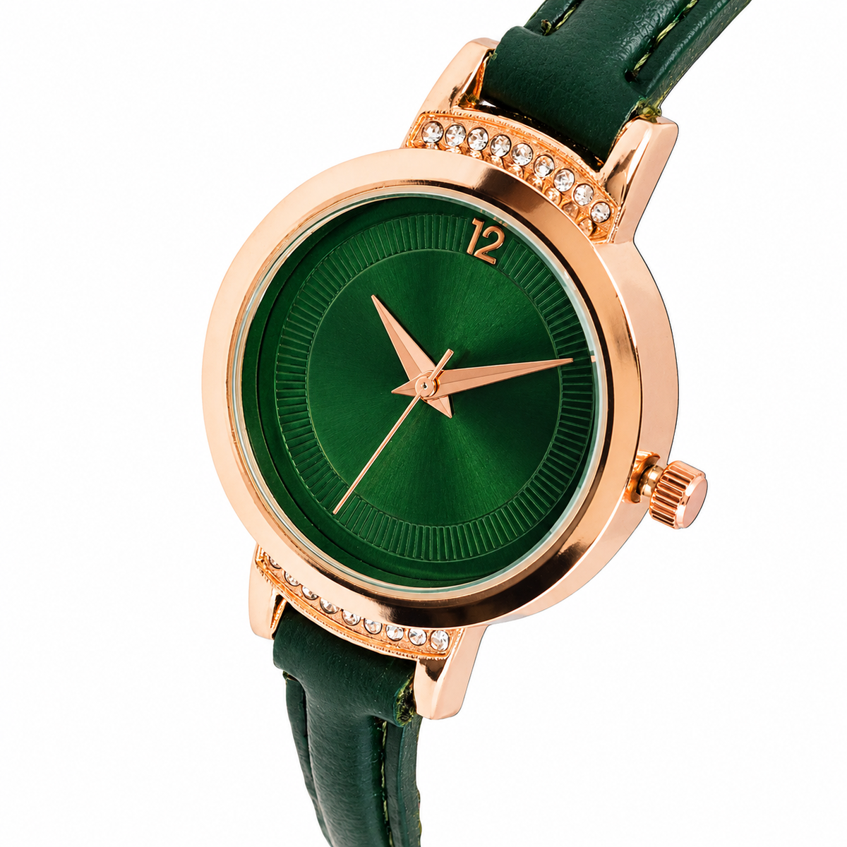 Women’s Green Leather Strap Rose Gold Case Quartz Watch