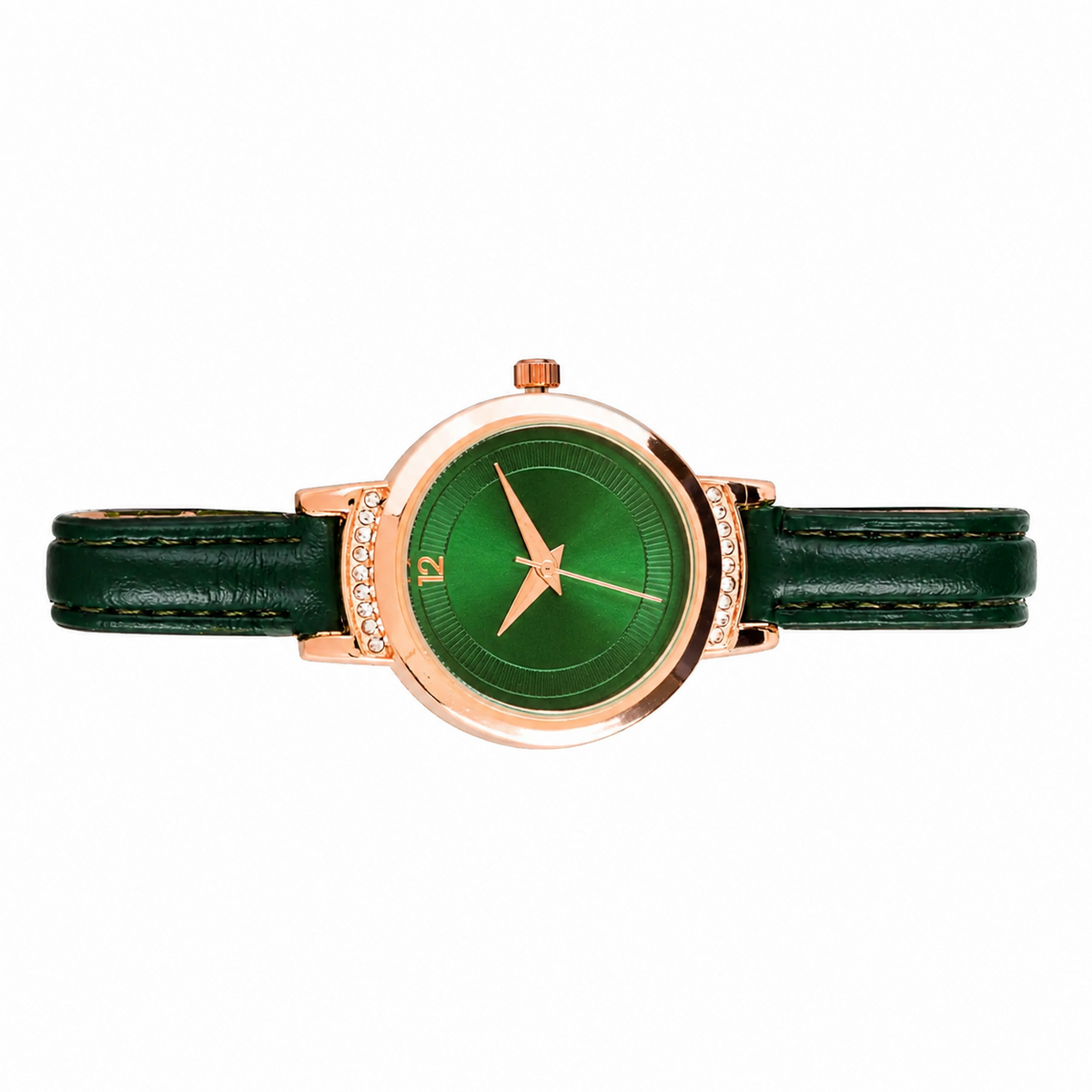 Women’s Green Leather Strap Rose Gold Case Quartz Watch