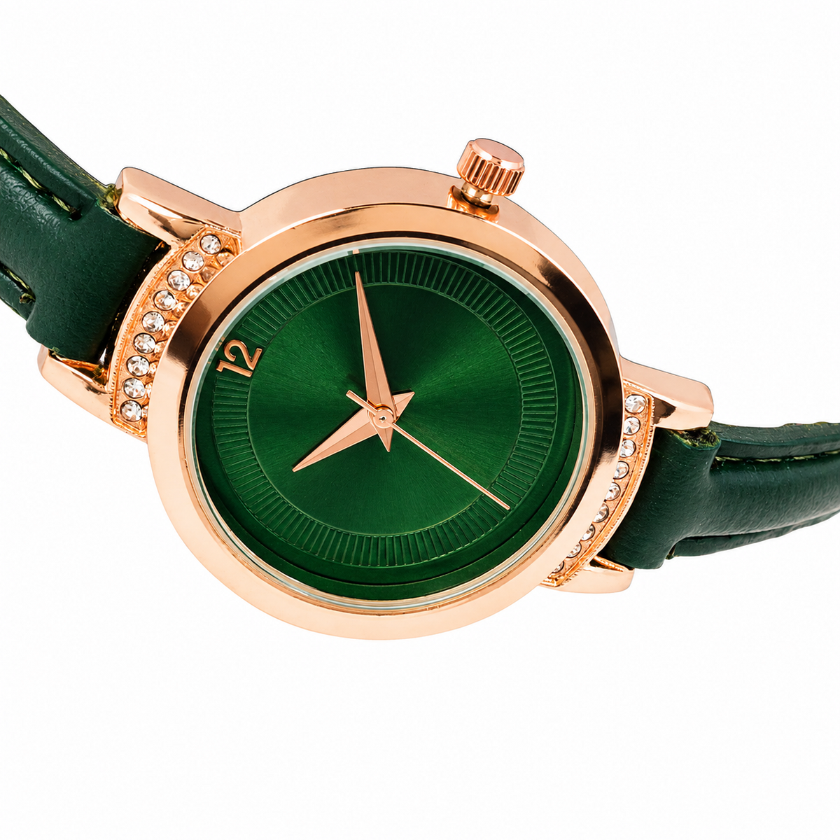 Women’s Green Leather Strap Rose Gold Case Quartz Watch