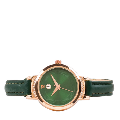 Women’s Green Leather Strap Rose Gold Case Quartz Watch