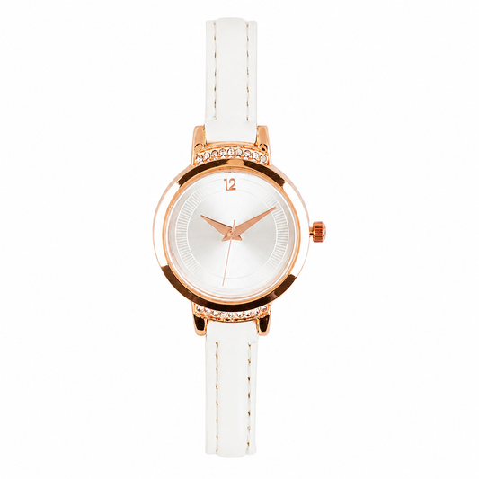 Women’s White Leather Strap Rose Gold Case Quartz Watch