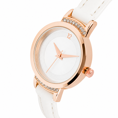 Women’s White Leather Strap Rose Gold Case Quartz Watch