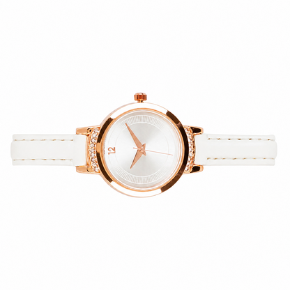 Women’s White Leather Strap Rose Gold Case Quartz Watch