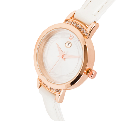 Women’s White Leather Strap Rose Gold Case Quartz Watch