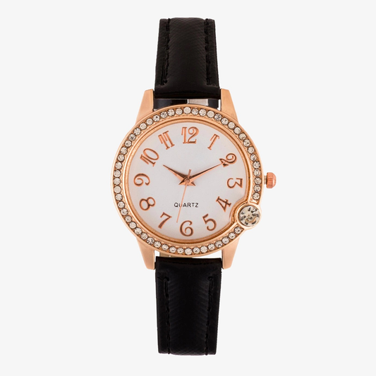 Women's Black Elegant Crystal Bezel Watch with Numeric Dial