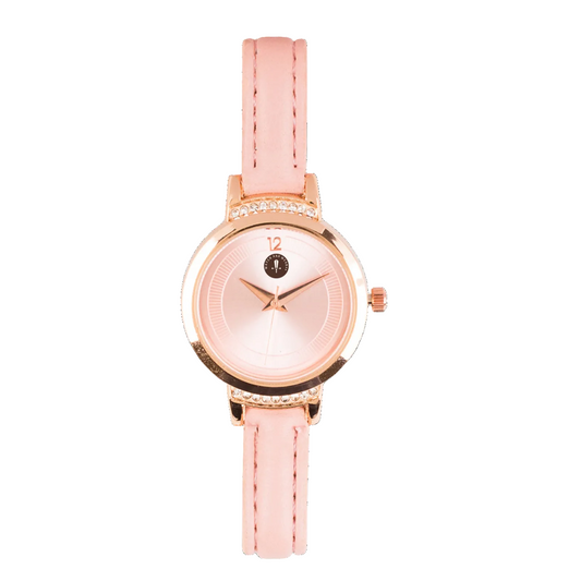 Womens Elegant Pink Leather Strap Rose Gold Watch