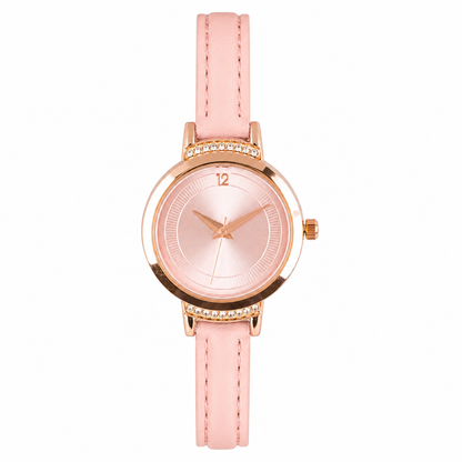 Womens Elegant Pink Leather Strap Rose Gold Watch