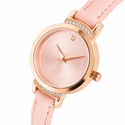 Womens Elegant Pink Leather Strap Rose Gold Watch