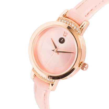 Womens Elegant Pink Leather Strap Rose Gold Watch