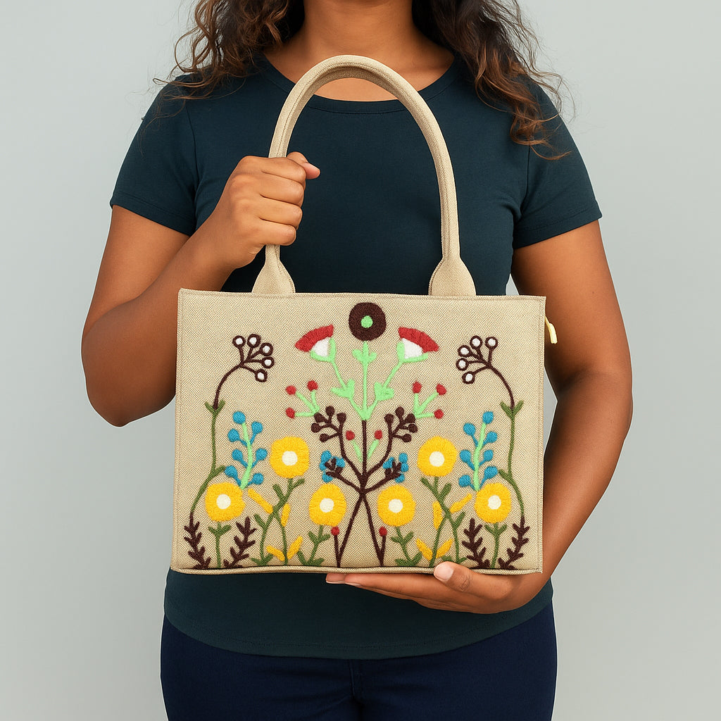 Handmade Embroidered Jute Tote Blushwood - Beige