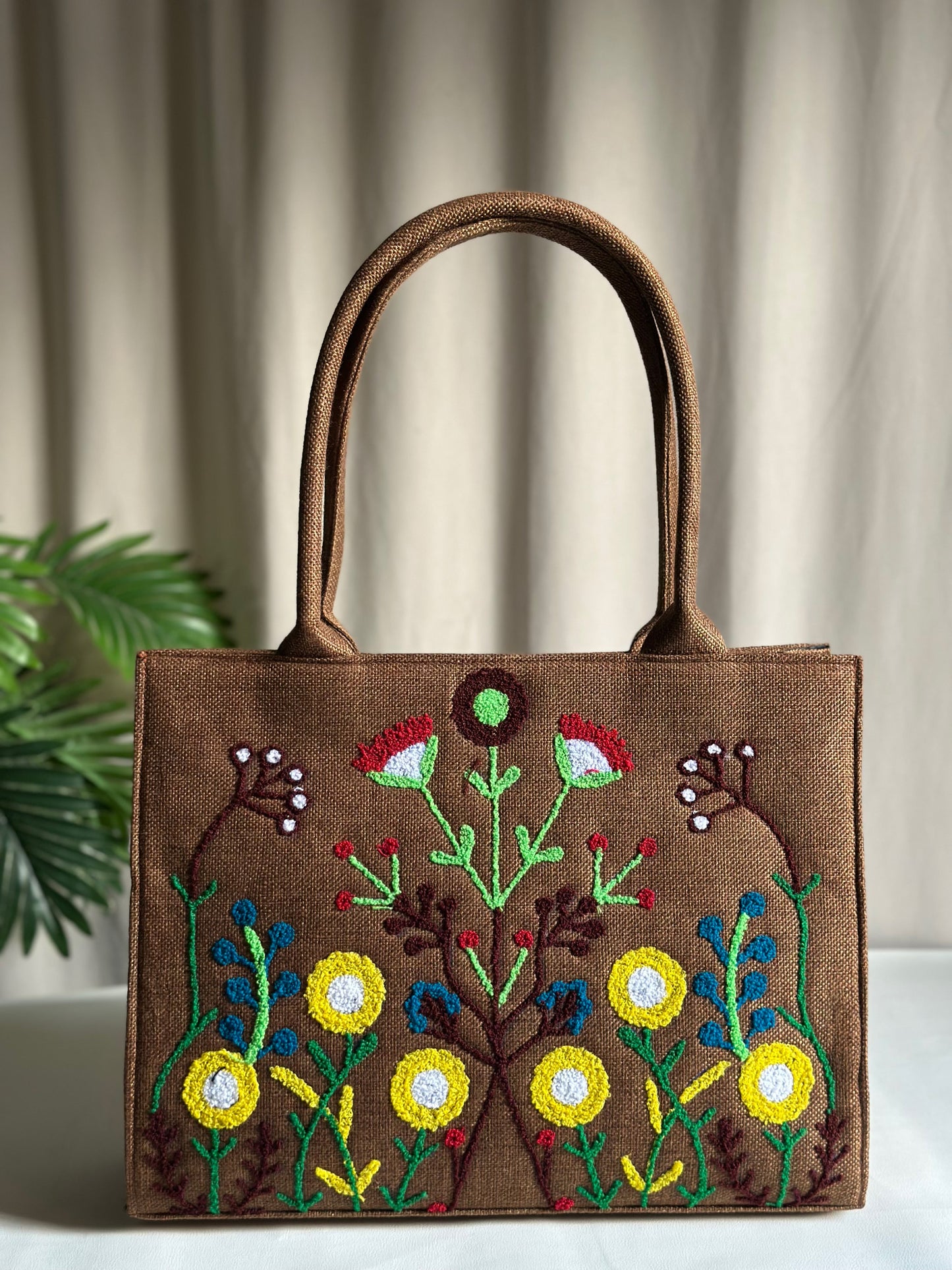Handmade Embroidered Jute Tote Blushwood - Brown