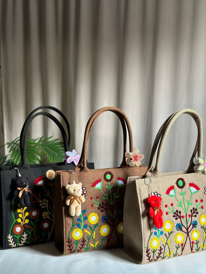 Handmade Embroidered Jute Tote Blushwood - Beige