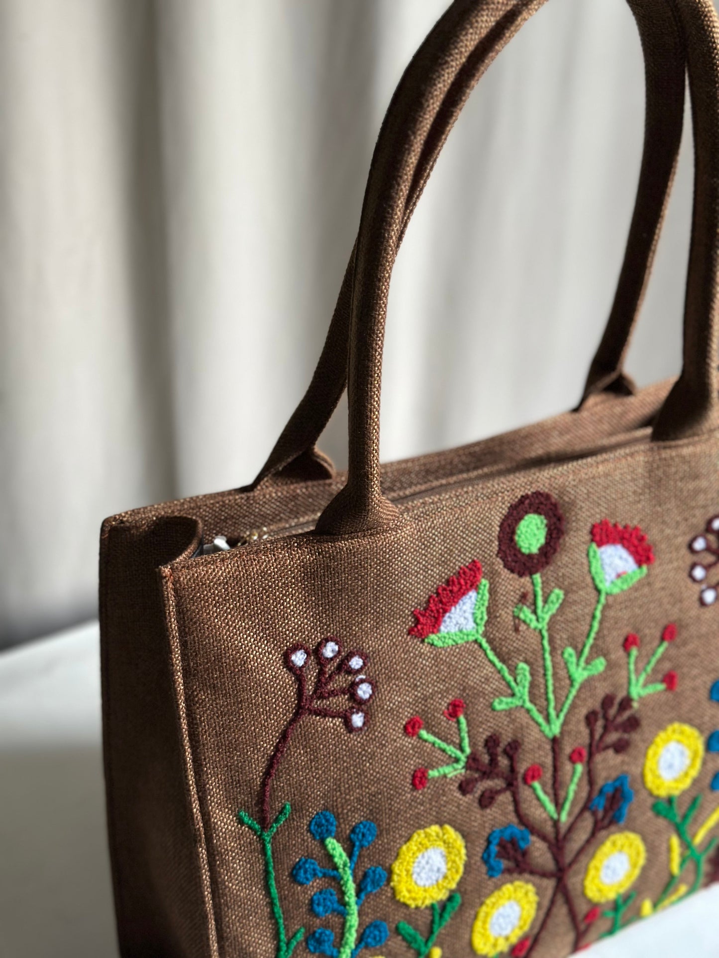 Handmade Embroidered Jute Tote Blushwood - Brown