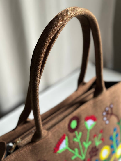 Handmade Embroidered Jute Tote Blushwood - Brown